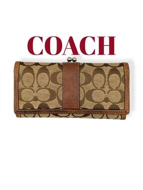 Coach Vintage Signature Kisslock  Wallet Khaki Canvas Brown Leather Leatherware
